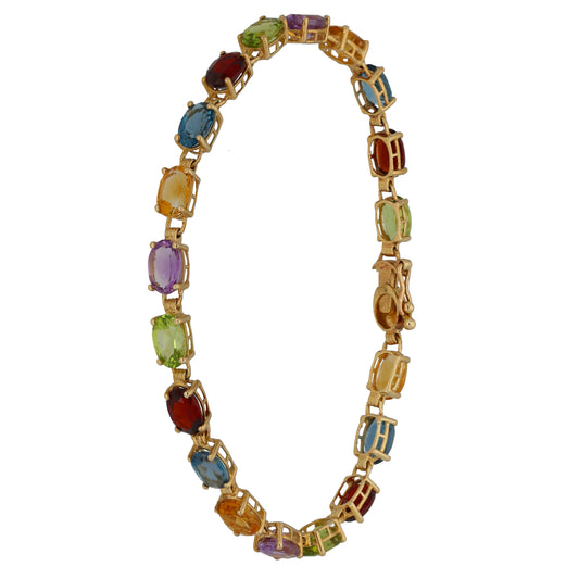 9ct Gold Citrine, Topaz, Garnet, Peridot & Amethyst Fancy Stone Set Bracelet