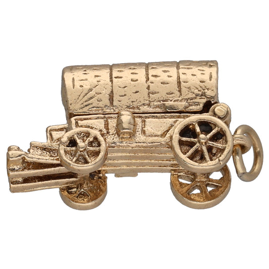 Gold-tone carriage pendant with wagon details and circular wheels