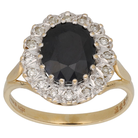 9ct Gold Sapphire & 0.16ct Diamond Dress/Cocktail Ring Size M