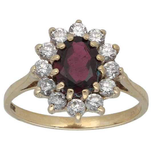 9ct Gold Garnet & Cubic Zirconia Cluster Ring Size O