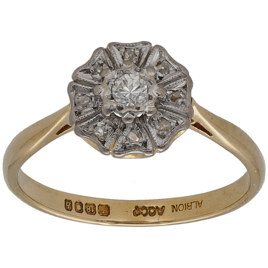 18ct gold diamond cluster ring with round white stones, halo-style setting