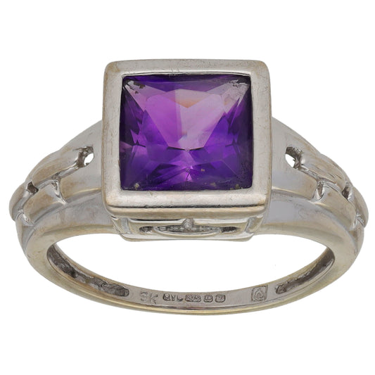 9ct White Gold Amethyst Single Stone Ring Size N