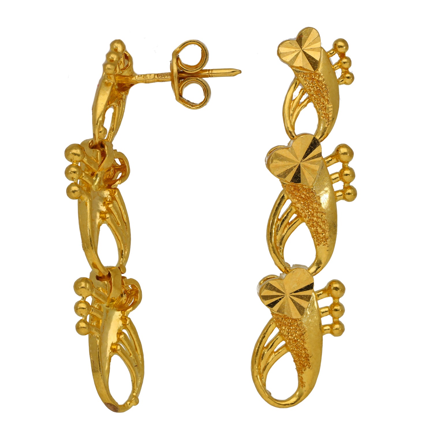 22ct Gold-tone drop earrings with curved dangling links and small bead accents