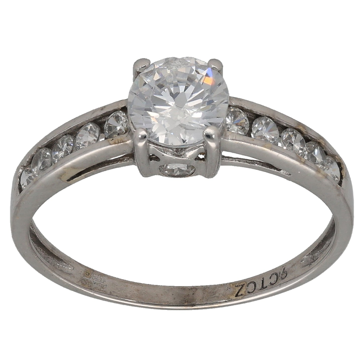 9ct White Gold Cubic Zirconia Single Stone Ring with Accent Stones Size Q