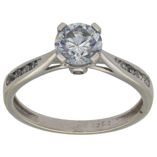 9ct White Gold Cubic Zirconia Single Stone Ring with Accent Stones Size P