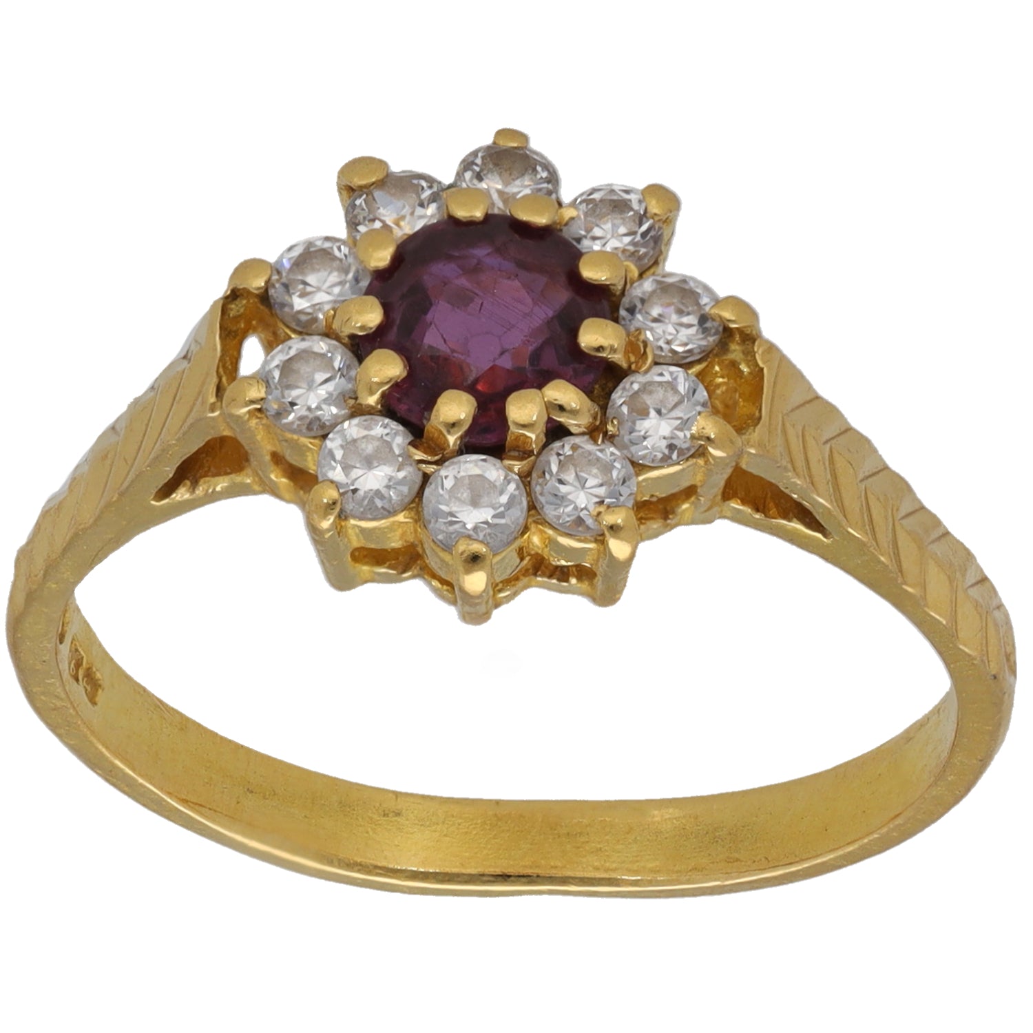 Gold cocktail ring with oval maroon center stone and surrounding clear CZ clusters