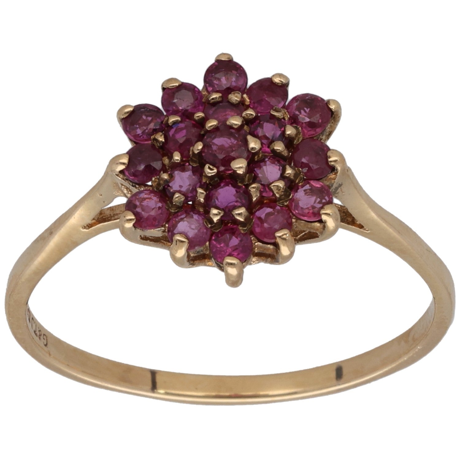 Gold garnet cluster cocktail ring with raised prong-set stones