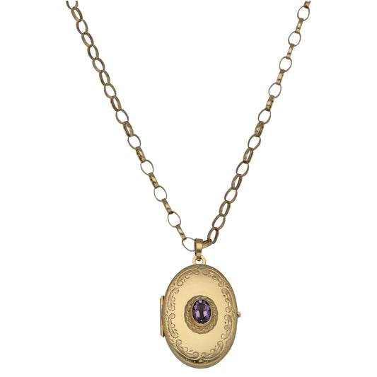 9ct gold amethyst locket pendant with ornate oval front, on linked chain