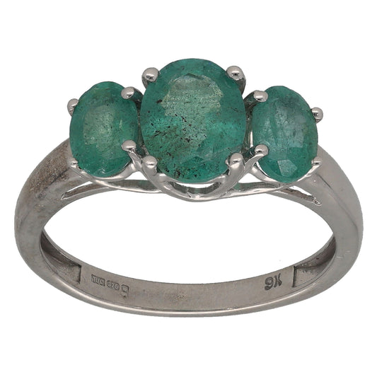 9ct White Gold Emerald Trilogy Ring Size P