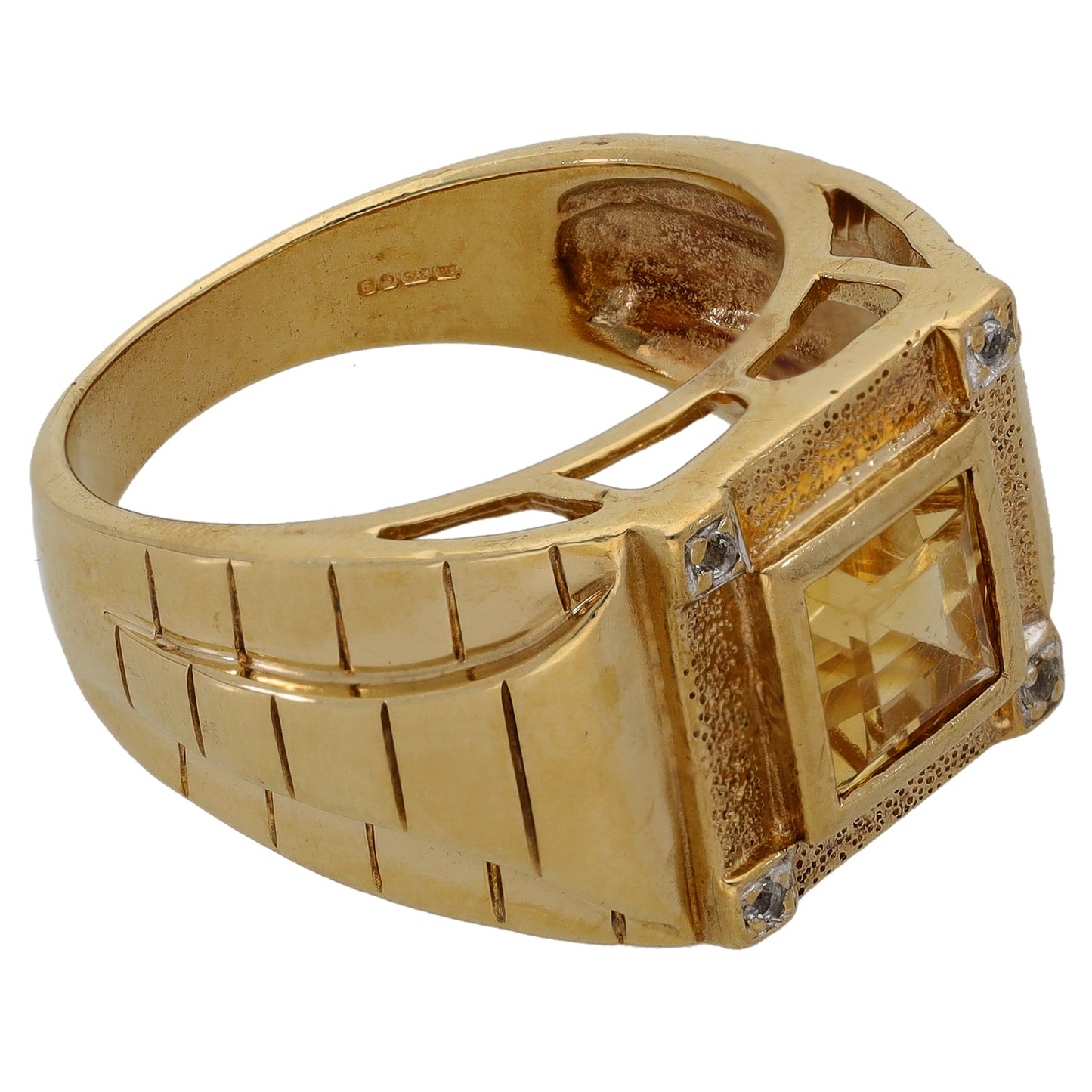 9ct Gold Citrine & Cubic Zirconia Patterned Signet Ring Size T