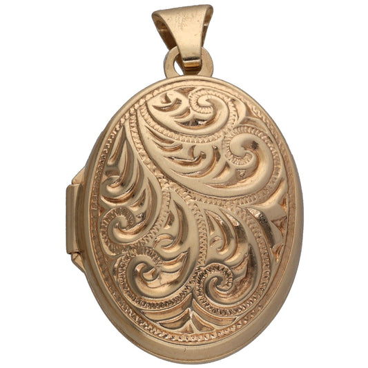 9ct gold oval locket pendant with ornate patterned front, hinged clasp and top loop