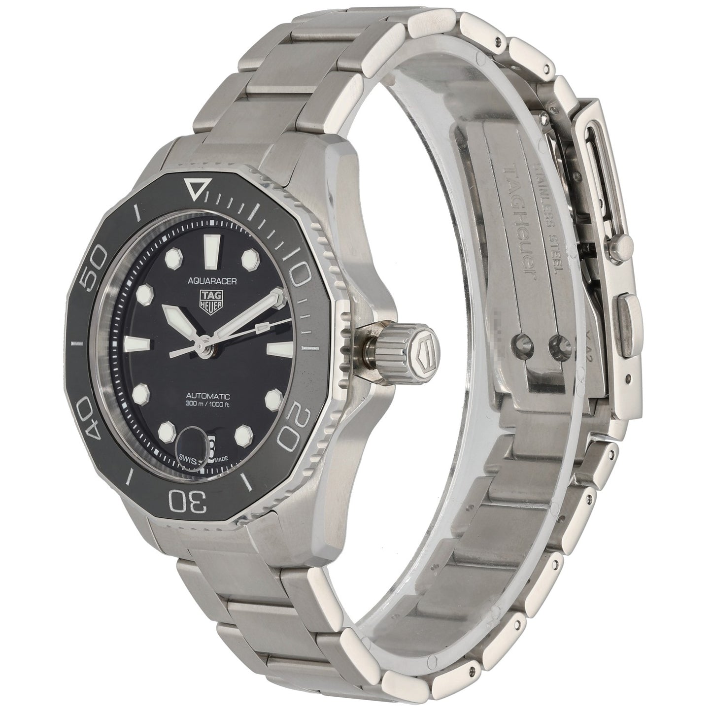 Tag Heuer Aquaracer WBP231D Stainless steel wristwatch in profile with black dial, bezel markers, and crown