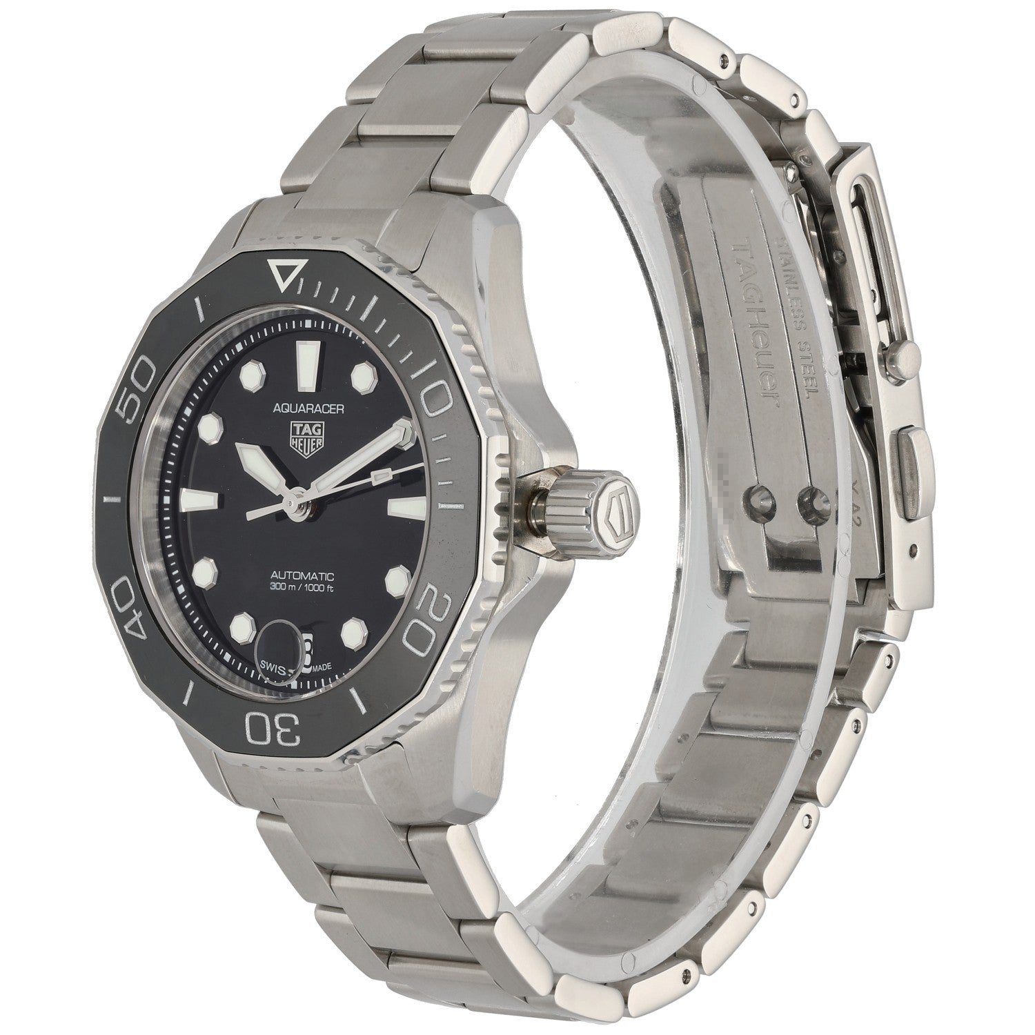 Tag Heuer Aquaracer WBP231D Stainless steel wristwatch in profile with black dial, bezel markers, and crown