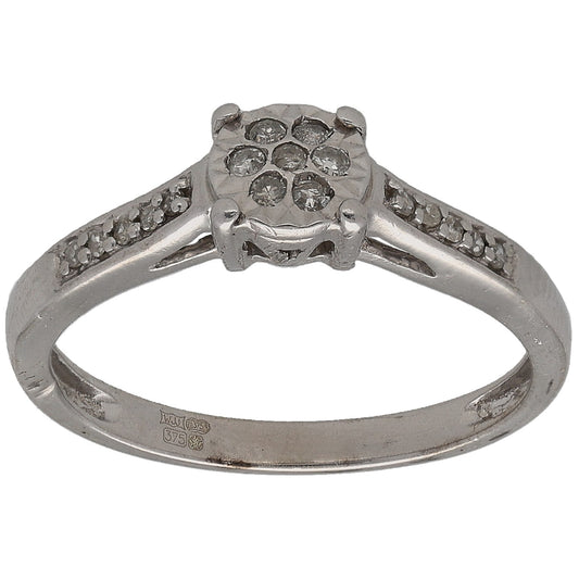 9ct white gold diamond cluster ring with round stones, split-prong top