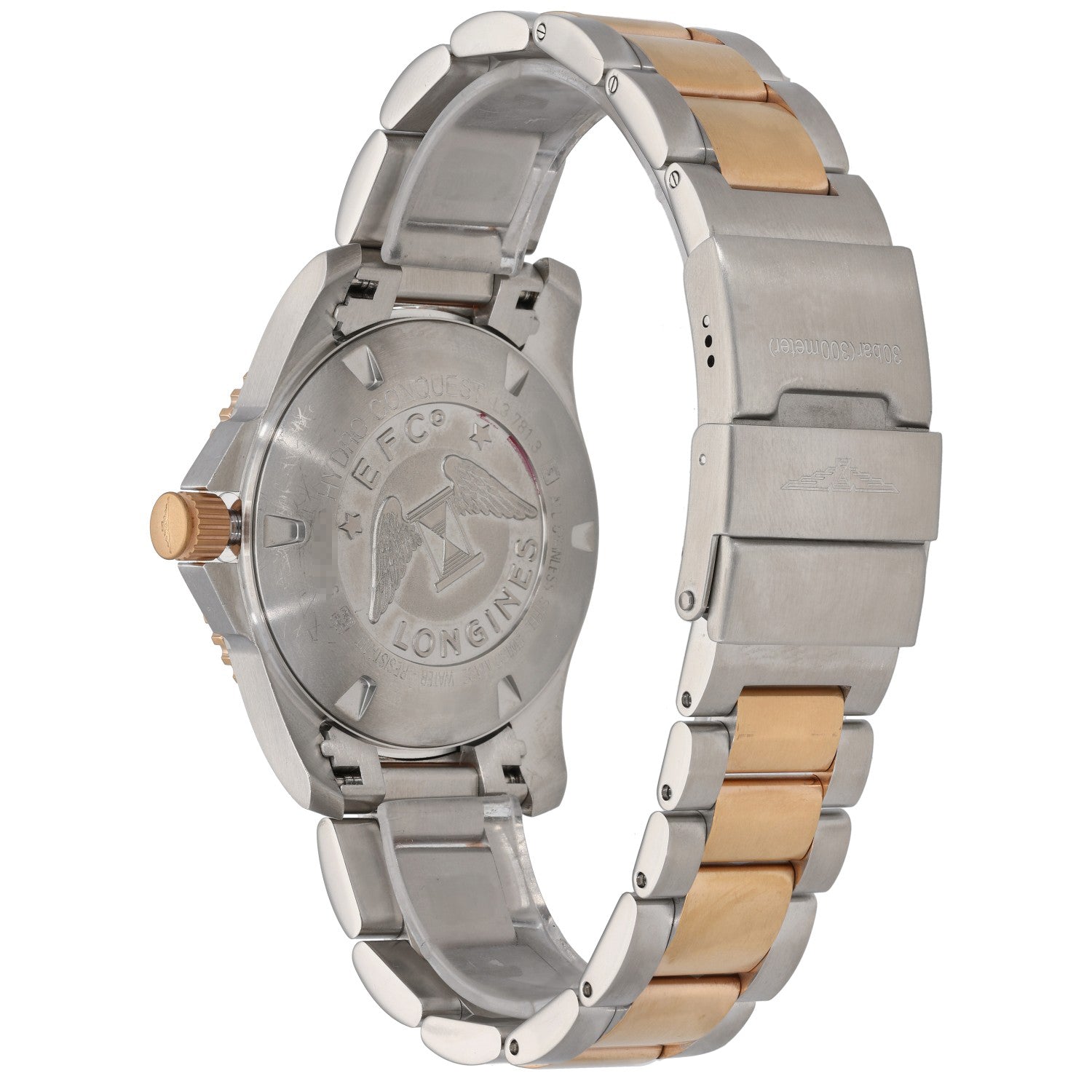 Longines Hydro Conquest L3.781.3 stainless steel watch caseback with brushed metal bracelet and crown.