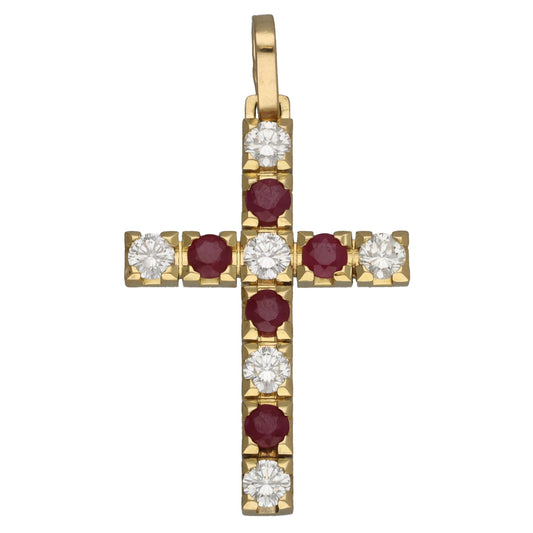 14ct Gold 0.90ct Diamond & Ruby Cross Pendant