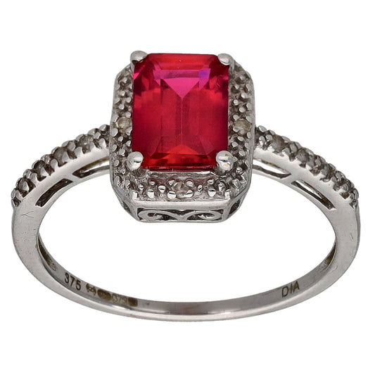 9ct White Gold Man Made Ruby & 0.06ct Diamond Dress/Cocktail Ring Size K