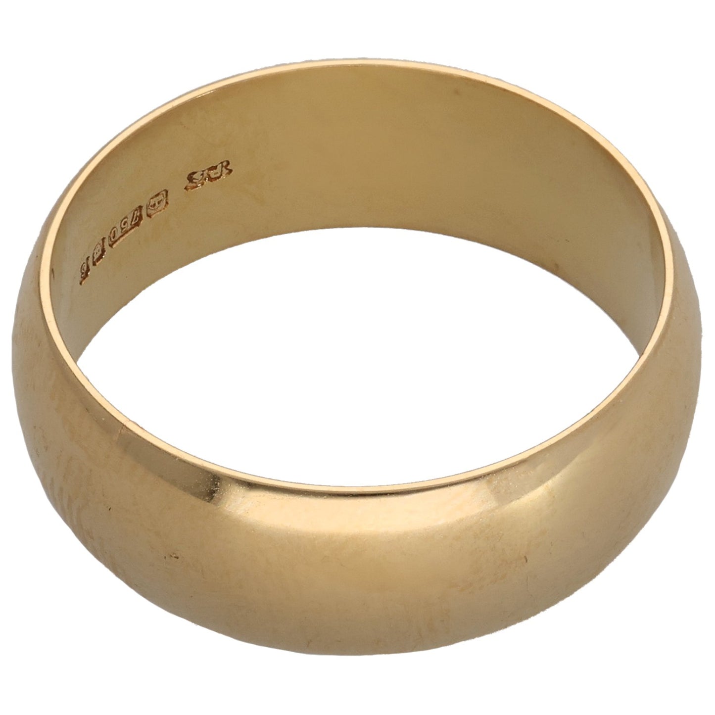 Gold plain wedding band with stamped hallmarks on the inside inner edge