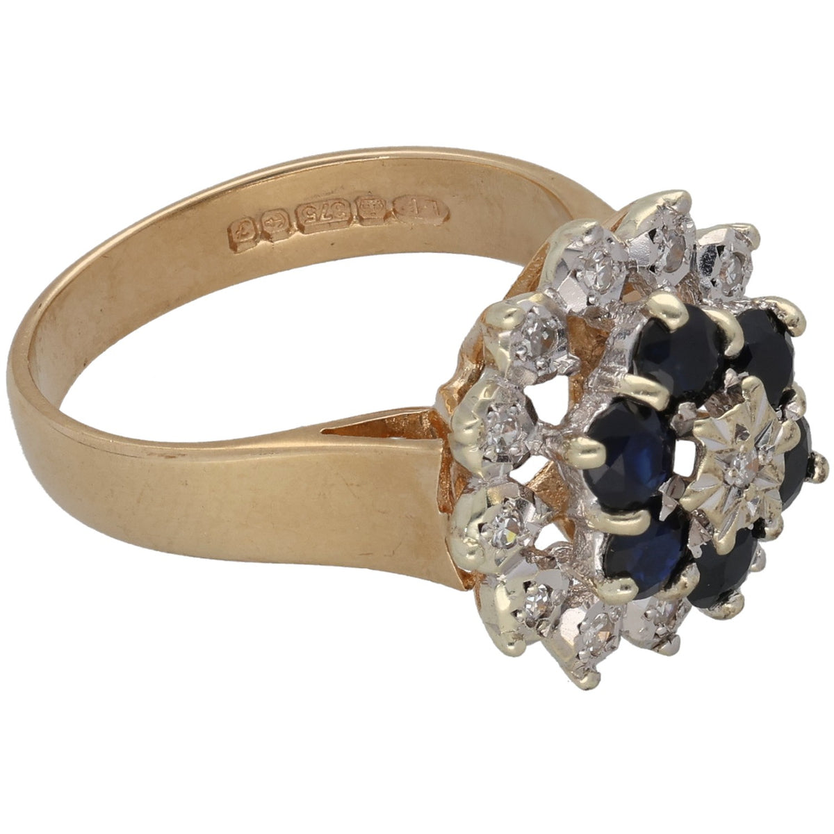 9ct gold ring side view, round dark sapphire cluster with surrounding diamonds
