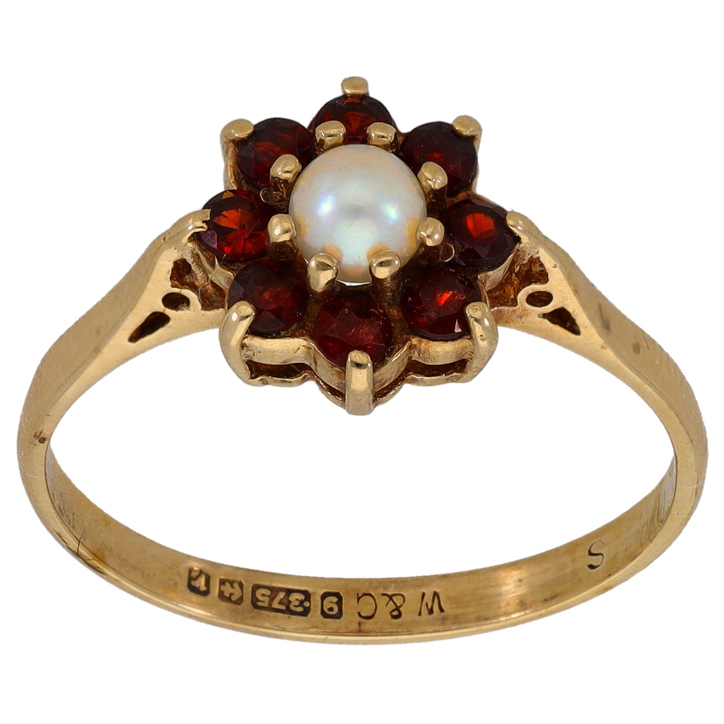 9ct Gold Garnet & Cultured Pearl Cluster Ring Size O