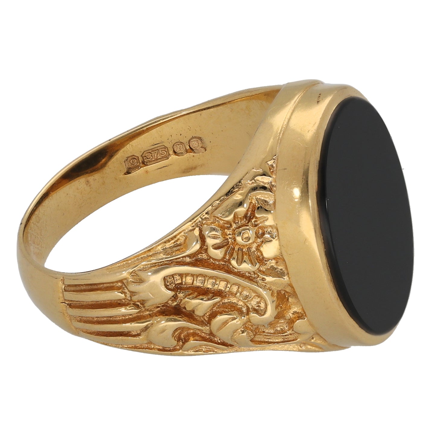 9ct Gold Onyx Patterned Signet Ring Size Q