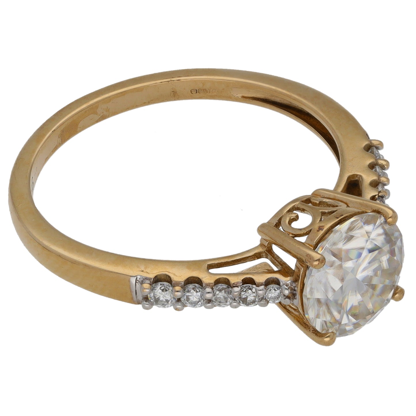 9ct Gold Cubic Zirconia Single Stone Ring with Accent Stones Size R