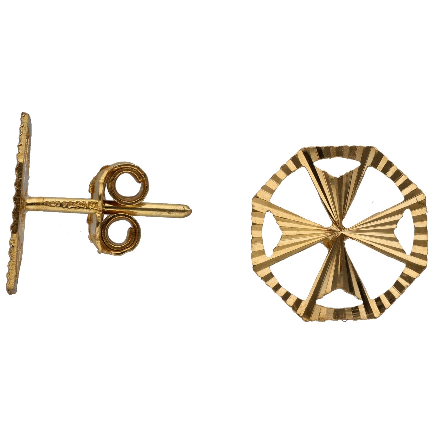 18ct gold stud earrings with round faceted design and ridged edge