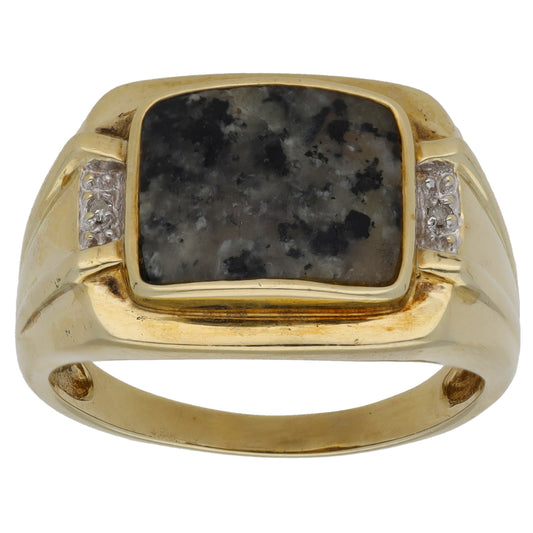 9ct Gold Jasper & 0.01ct Diamond Patterned Signet Ring Size U