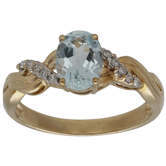 9ct gold aquamarine solitaire ring with round diamond side accents