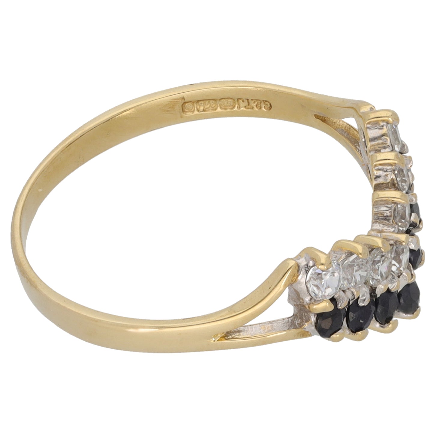 9ct Gold Sapphire & Cubic Zirconia Wishbone Ring Size S