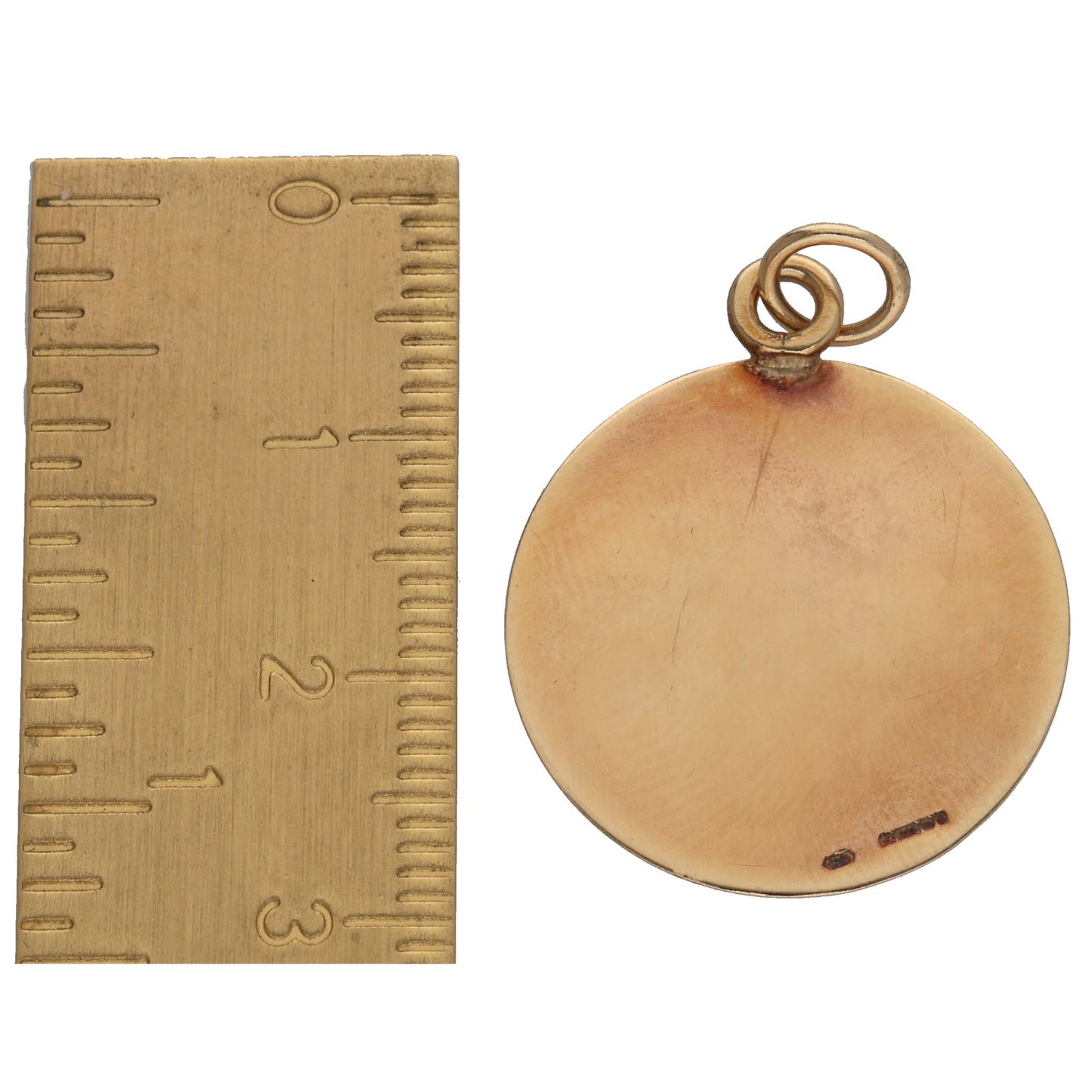 9ct gold round pendant with plain back and top bail loop; smooth polished finish
