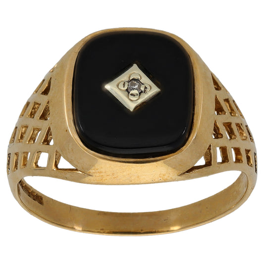 9ct Gold Onyx & 0.005ct Diamond Patterned Signet Ring Size S