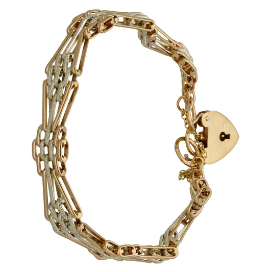 9ct gold gate bracelet with oval disc charm and mixed openwork link chain