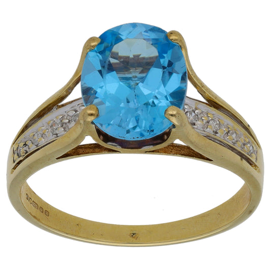 9ct Gold Topaz & 0.05ct Diamond Single Stone Ring With Accents Size O