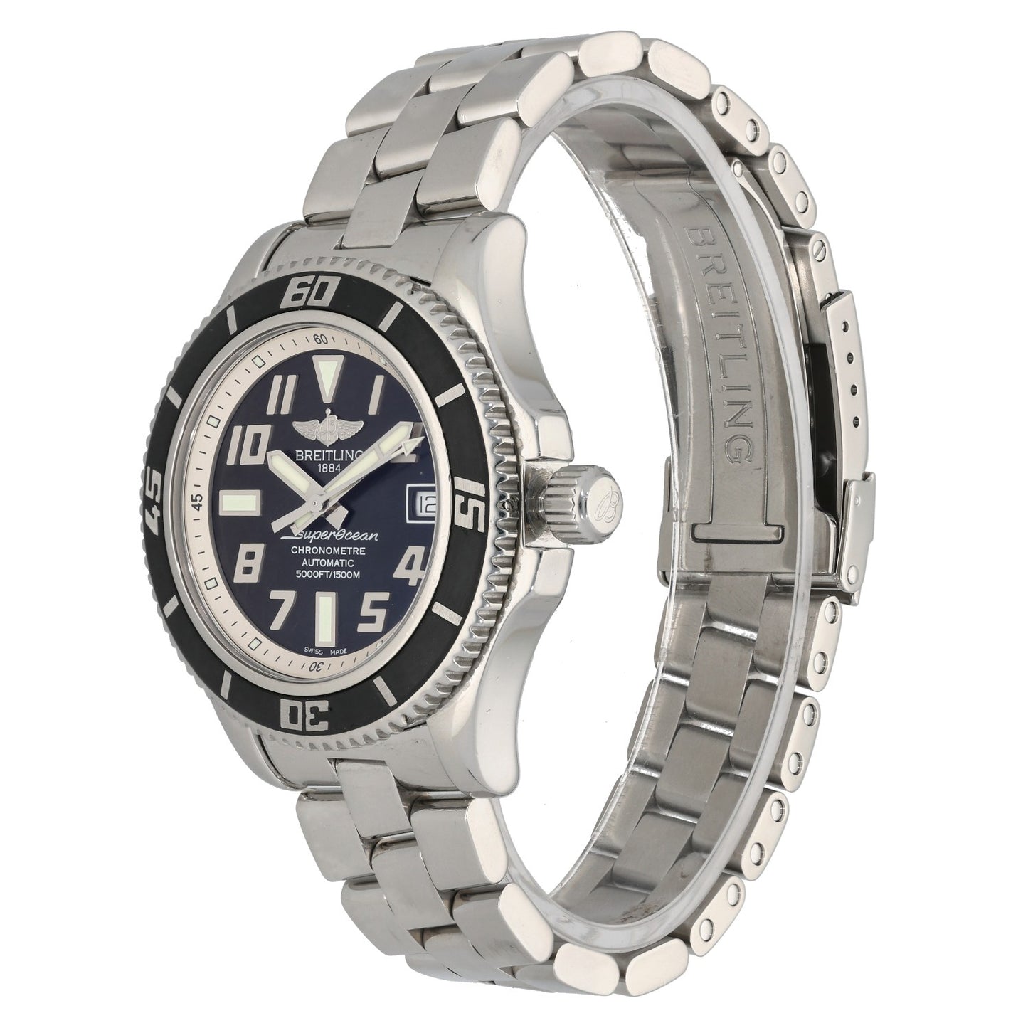 Breitling Superocean A17364 stainless steel watch side view, black bezel and crown