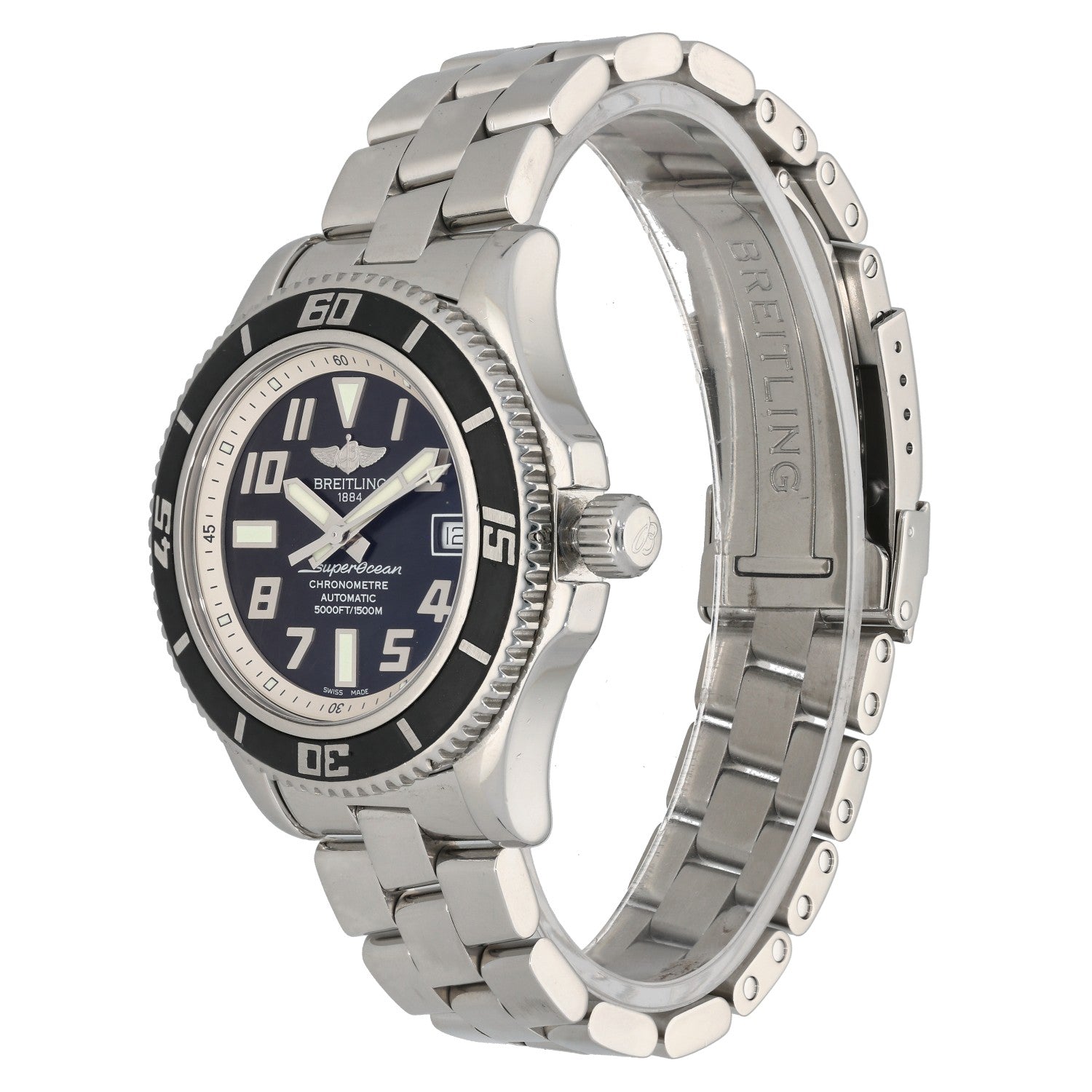 Breitling Superocean A17364 stainless steel watch side view, black bezel and crown