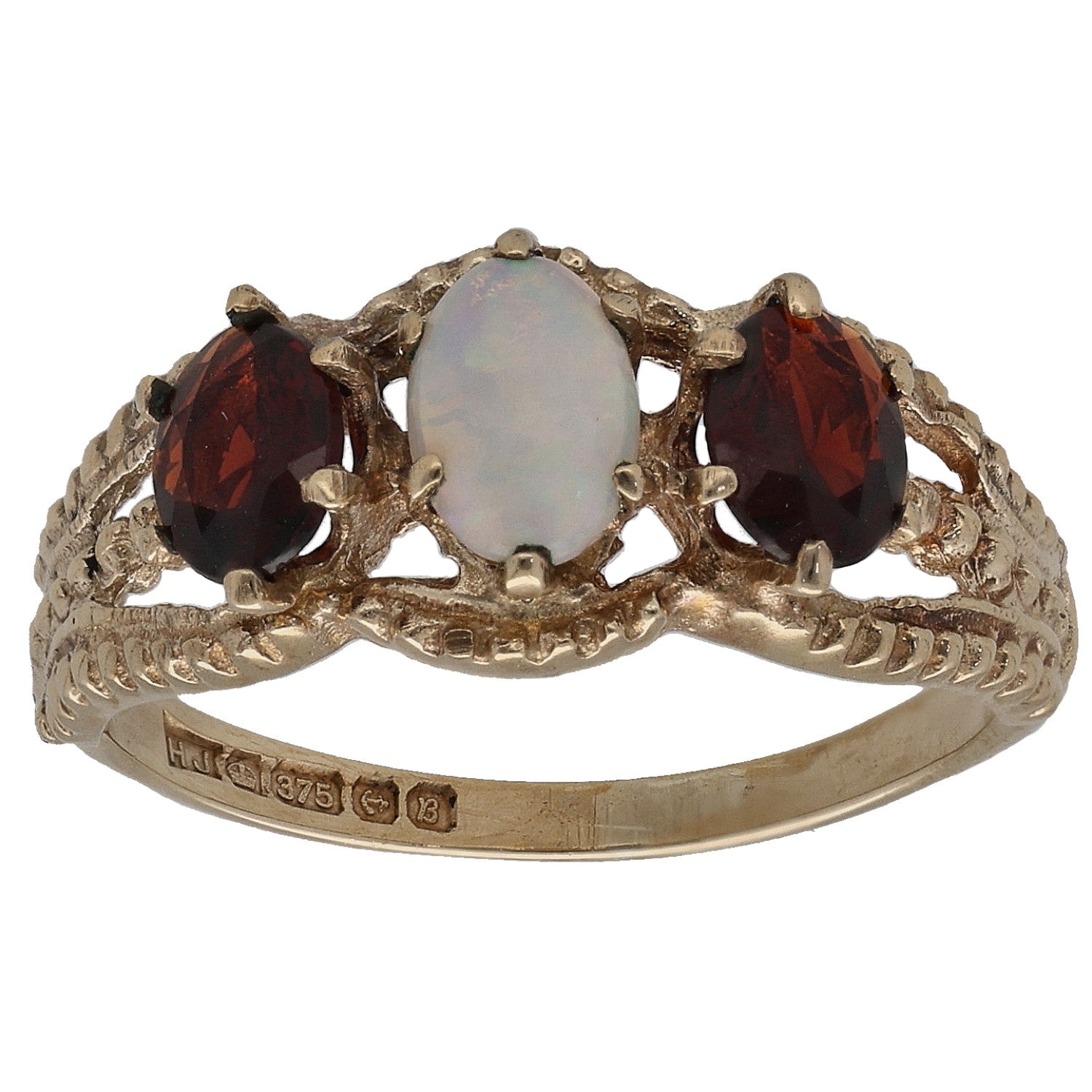 9ct gold opal and garnet ring with two dark red side stones, front view