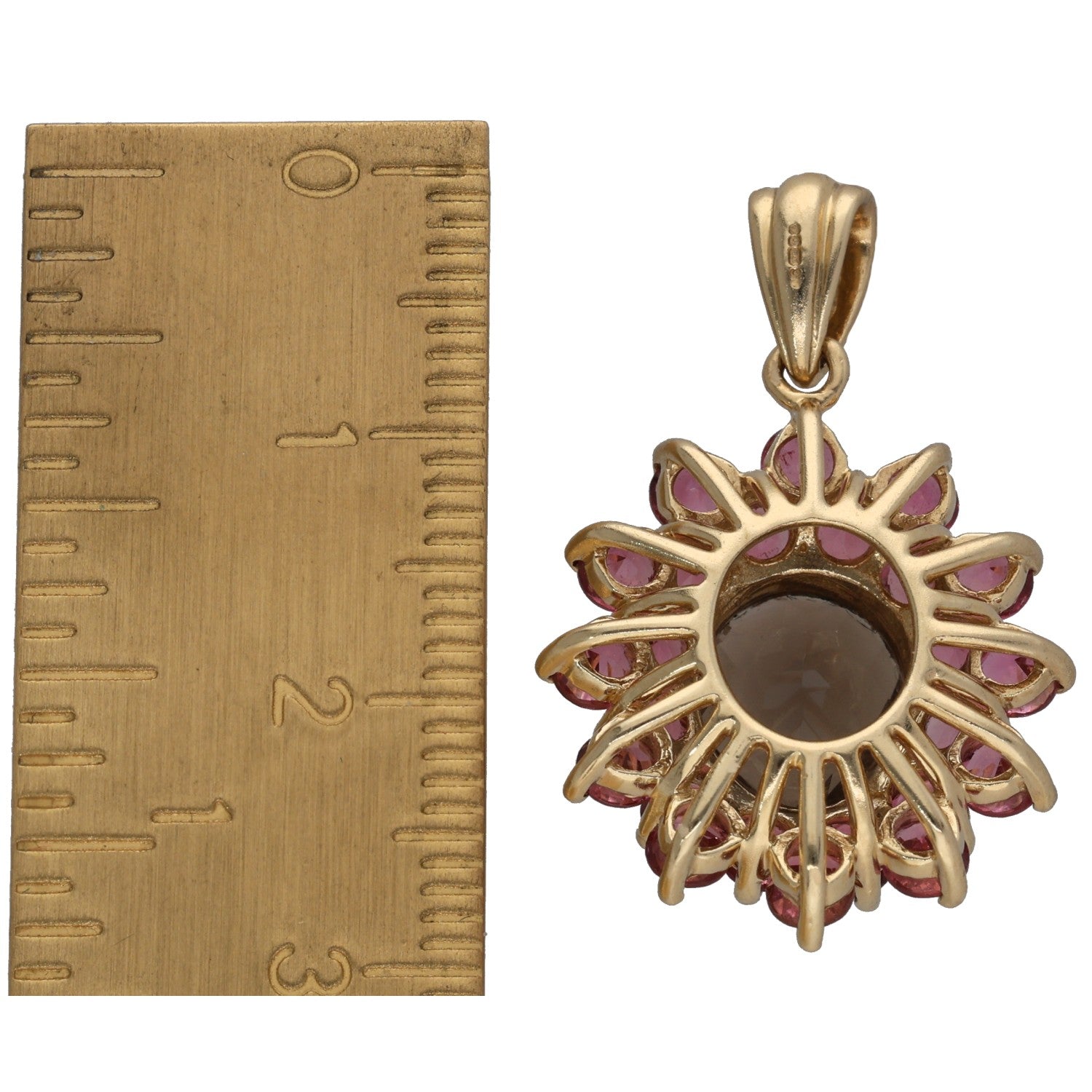 Gold-tone sunburst pendant with smoky quartz center and pink tourmaline accents
