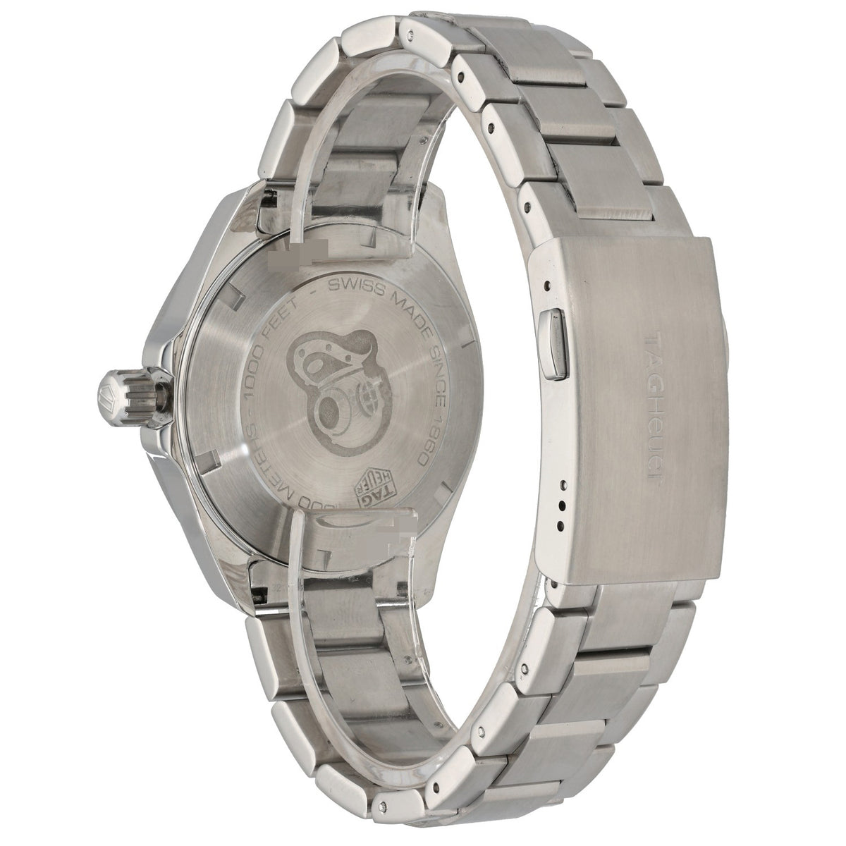 Stainless steel Tag Heuer Aquaracer WBD1111 watch with caseback display and linked metal bracelet