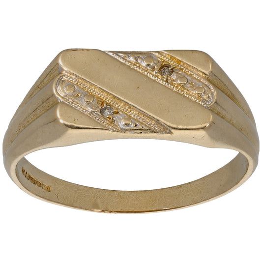 9ct Gold 0.01ct Diamond Patterned Signet Ring Size Z
