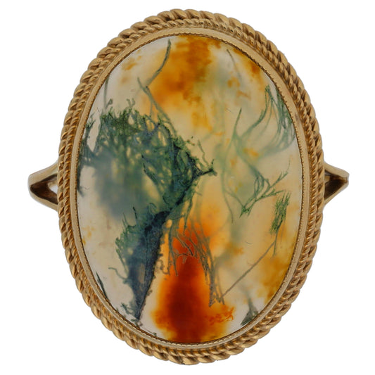 9ct Gold Moss Agate Single Stone Ring Size M
