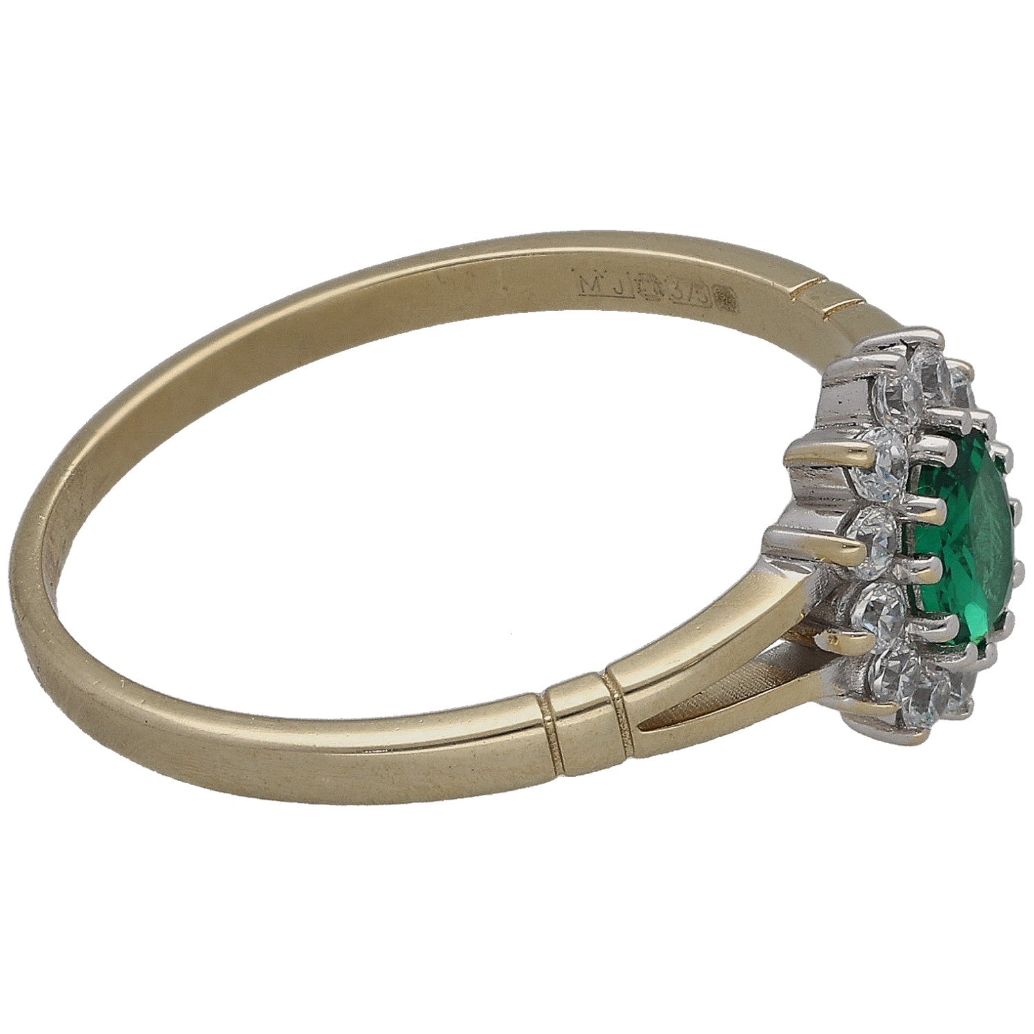 Gold-tone band with raised green oval gemstone and clear accent stones; side view
