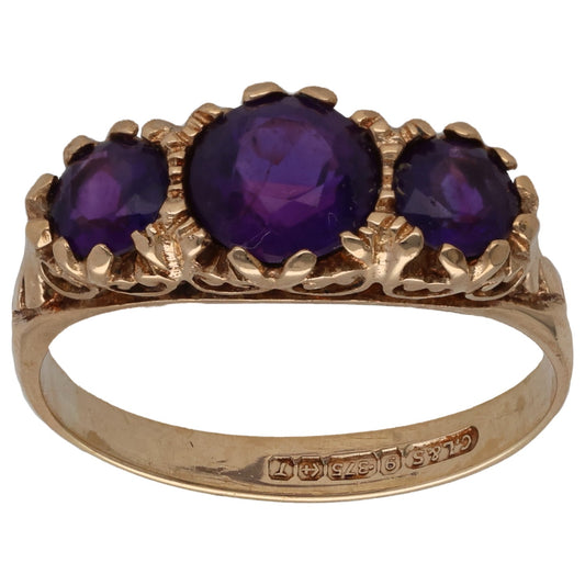 9ct Gold Amethyst Trilogy Ring Size P