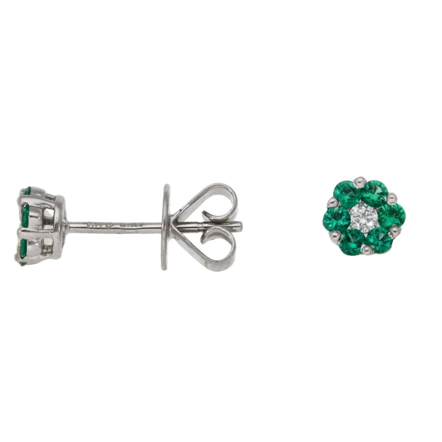 18ct White Gold Emerald & 0.08ct Diamond Stud Earrings