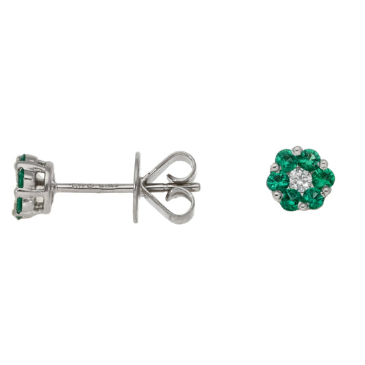 18ct White Gold Emerald & 0.08ct Diamond Stud Earrings