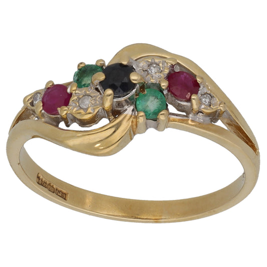 9ct Gold 0.02ct Diamond, Sapphire, Emerald & Ruby Dress/Cocktail Ring Size O