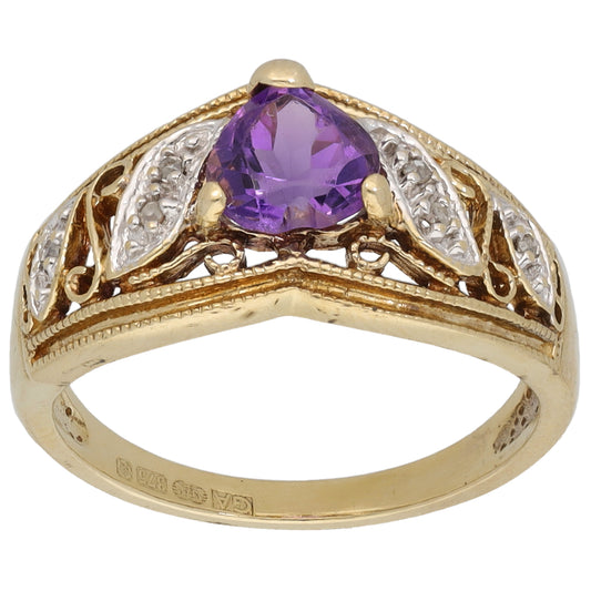 9ct Gold Amethyst & 0.03ct Diamond Dress/Cocktail Ring Size M
