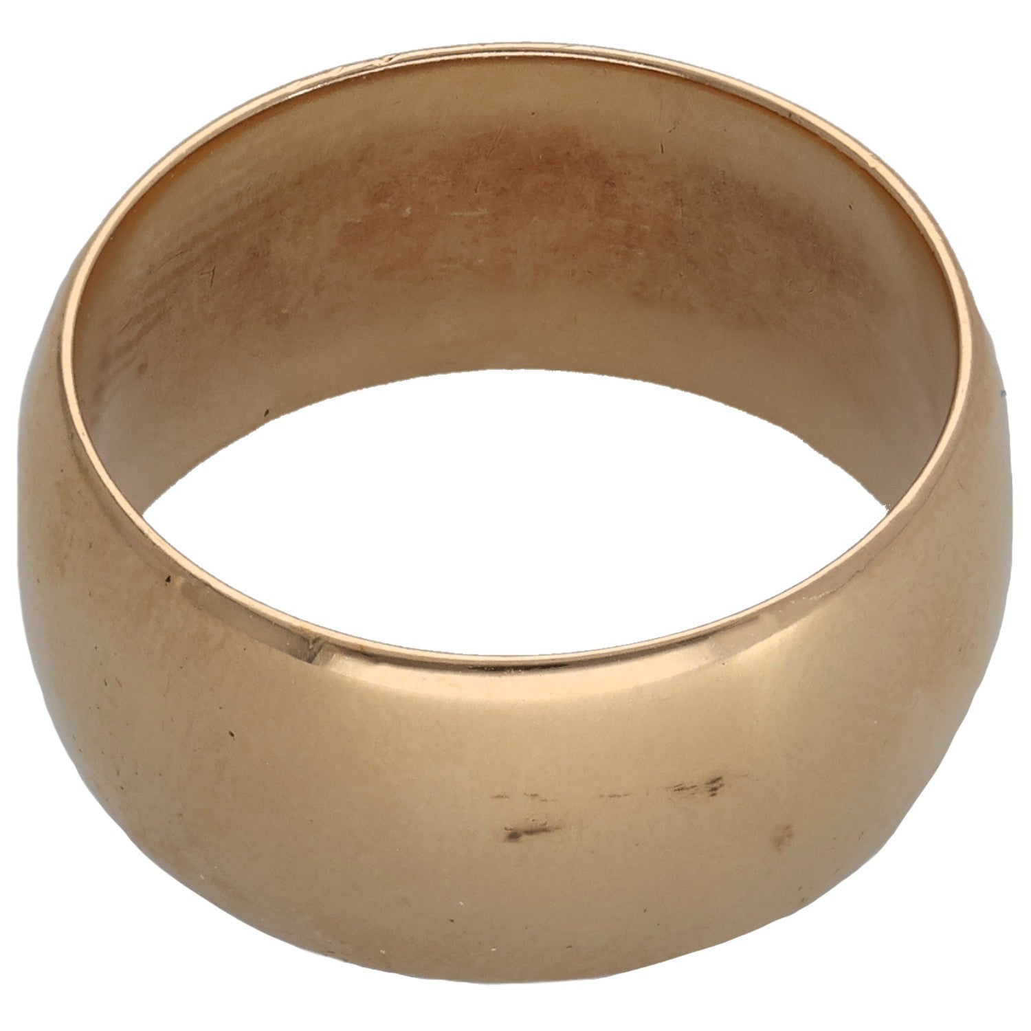 9ct gold plain wedding ring, R size, smooth rounded band shown from side