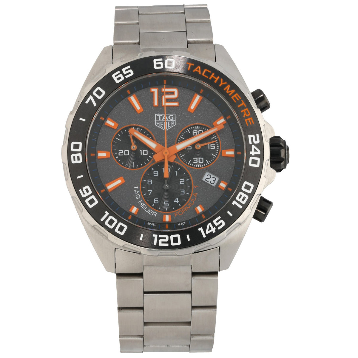 Tag Heuer F1 CAZ101AH stainless steel chronograph watch, orange dial, tachymeter bezel