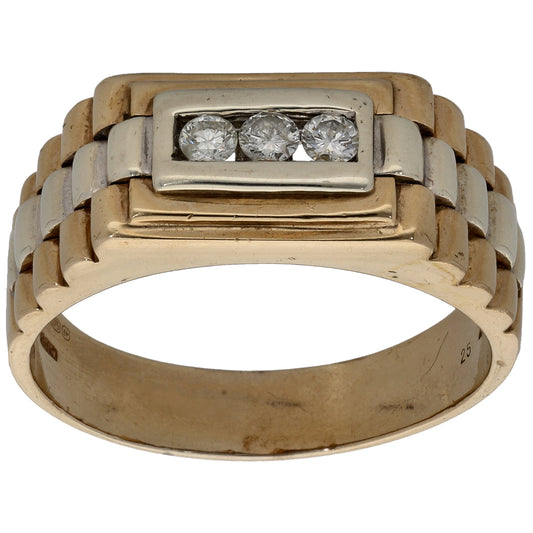 9ct Bicolour Gold 0.25ct Diamond Patterned Signet Ring Size Z